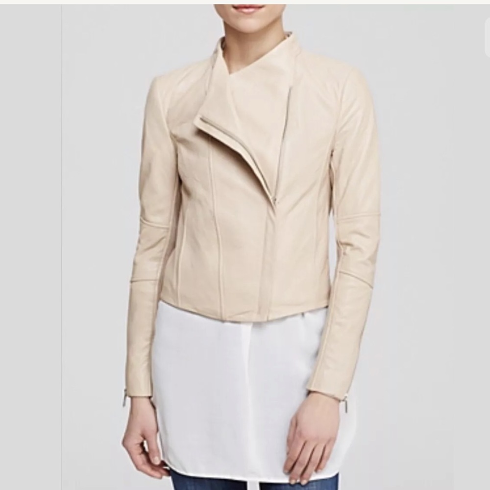 VINCE Asymmetrical Rib-Knit Zip-Cuff Collarless Lambskin Jacket